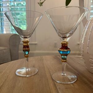 Two Artland Hand Crafted Multicolor Jeweled Stem Martini Glasses. 8” Tall.